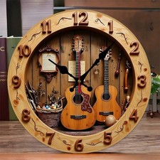 10" Acoustic Guitar Wall Clock Silent Non-Ticking Rustic Music Room Decor 2D