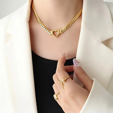 Sweet Fashion Golden Heart-Shaped Stainless Steel Flat Chain Necklace Necklace