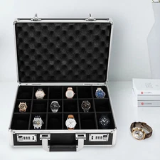 18 Slots Locking Display Briefcase Watches Collectors Display Storage Watch Box