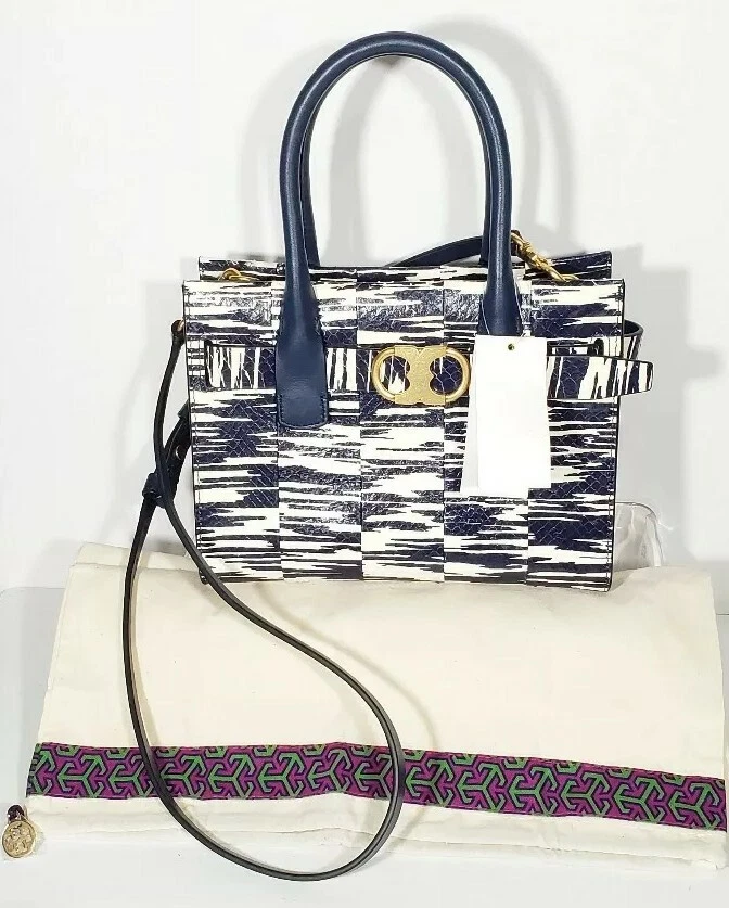 New Tory Burch Gemini Link Snakeskin Small Tote Crossbody Navy Space Dye  Purse