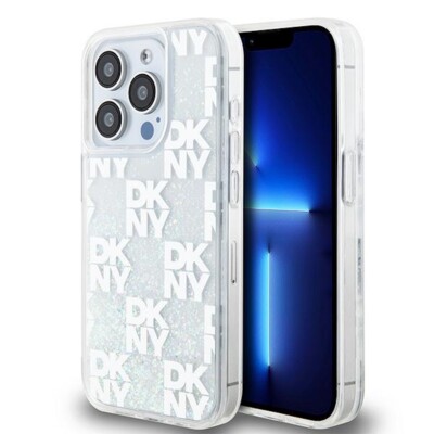 DKNY Liquid Glitter Silikon Case für Apple iPhone 15 Pro Glitzer / Silber