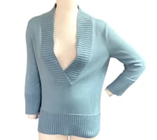 AK Anne Klein Cotton Nylon Angora Pullover Deep V Sweater S Blue 145F