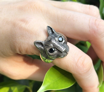 Katzenring STERLING SILBER 925 schwarze Onyx Augen massiv Katzenkopf Symbol Intuition