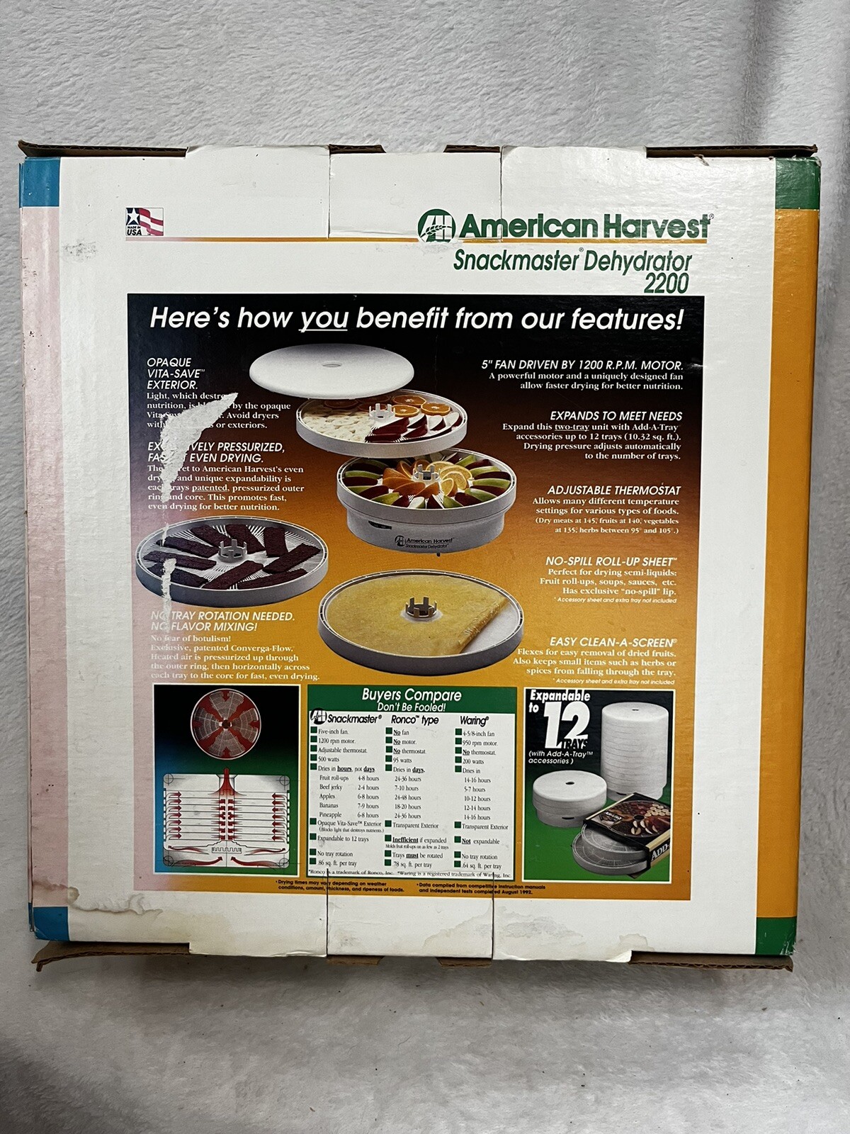 Vintage American Harvest Dehydrator Snackmaster 2200 FD30 2 Trays