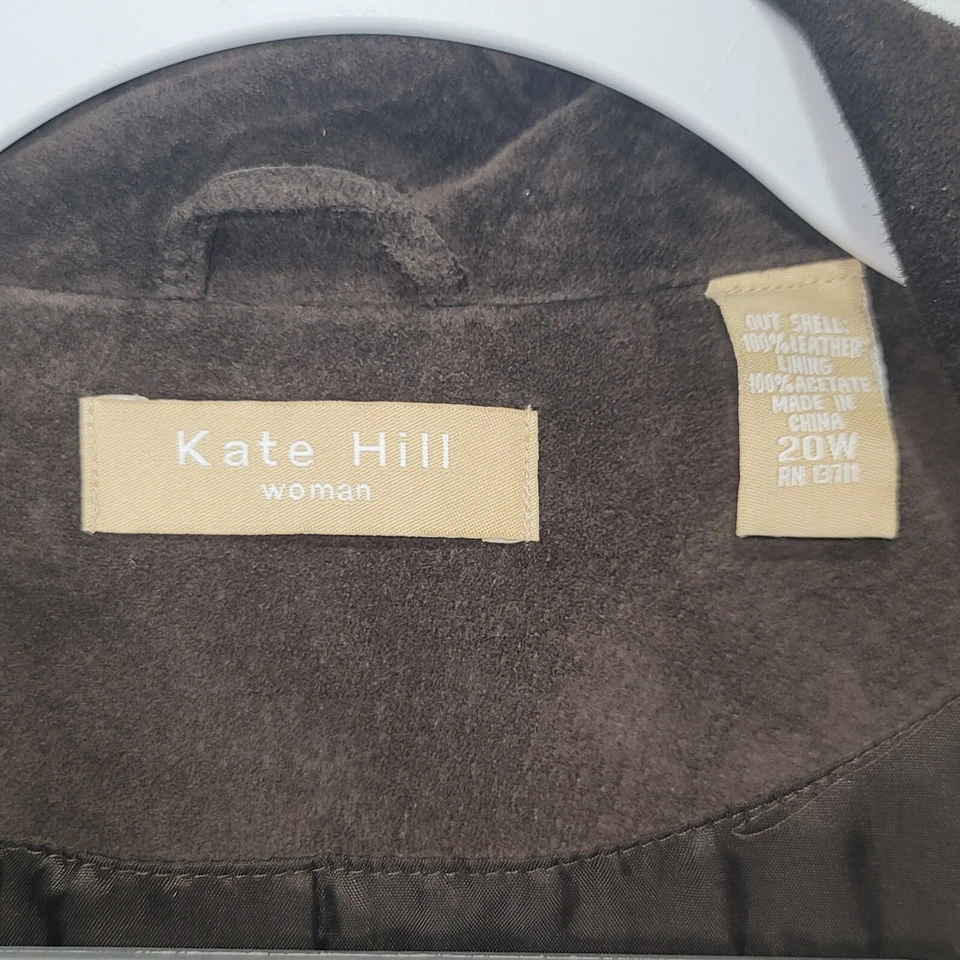 Abrigo forrado de gamuza de cuero genuino marrón Kate Hill para mujer talla 20W Foto 3 de 4