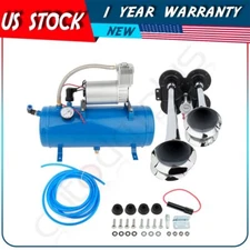 Super Loud 4 Trumpet Air Horn 12V Compressor Tank Gauge Kit for Car Train Truck