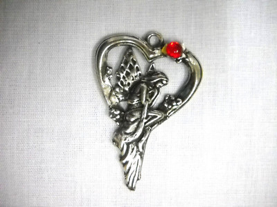 NYMPH PIXIE FAIRY IN LONG GOWN ON HEART SWING w RED GEM PEWTER PENDANT NECKLACE