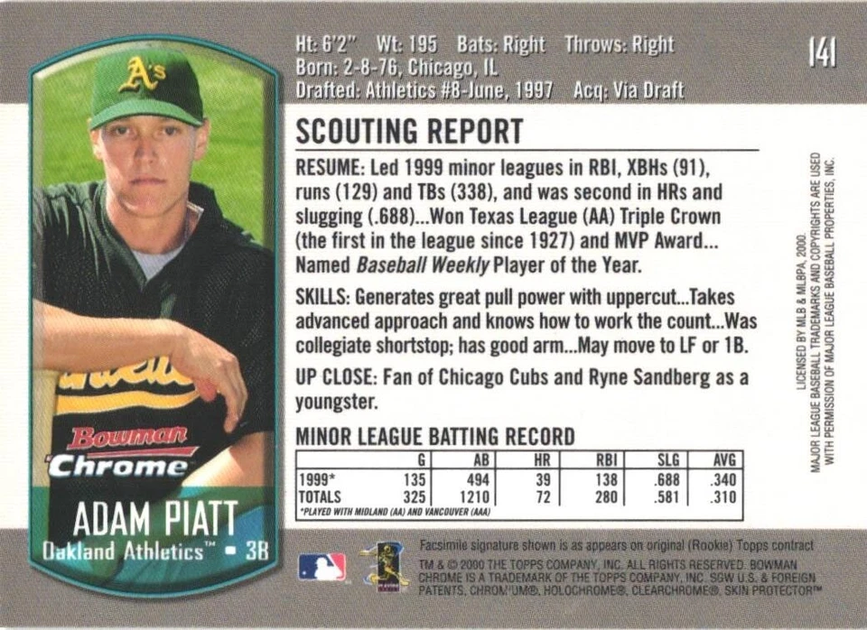 2000 Bowman Chrome #141 Adam Piatt Oakland Athletics - Image 2 of 2