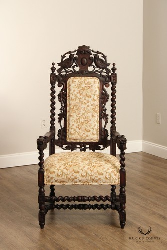 Renaissance Revival Antique Carved Oak Throne Armchair - Picture 8 of 12