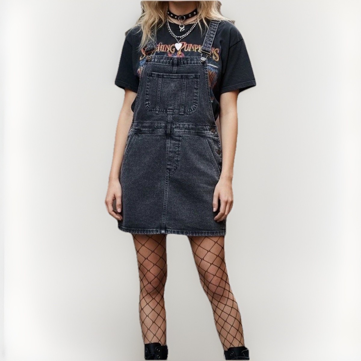 Black Velvet Denim Overall Dress Pinafore Grunge Y2K Jumper Mini Women's M  | eBay