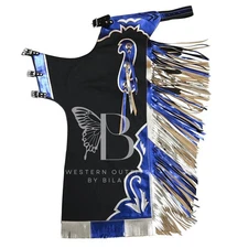 Bull Riding Pro Rodeo Chaps Black Smooth Leather Bronco Show Adult fringe chap