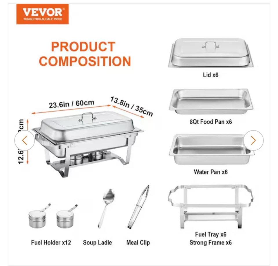 Paquete de 6 platos buffet rectangulares VEVOR 8 cuartos de galón sartén completa acero inoxidable Foto 2 de 4