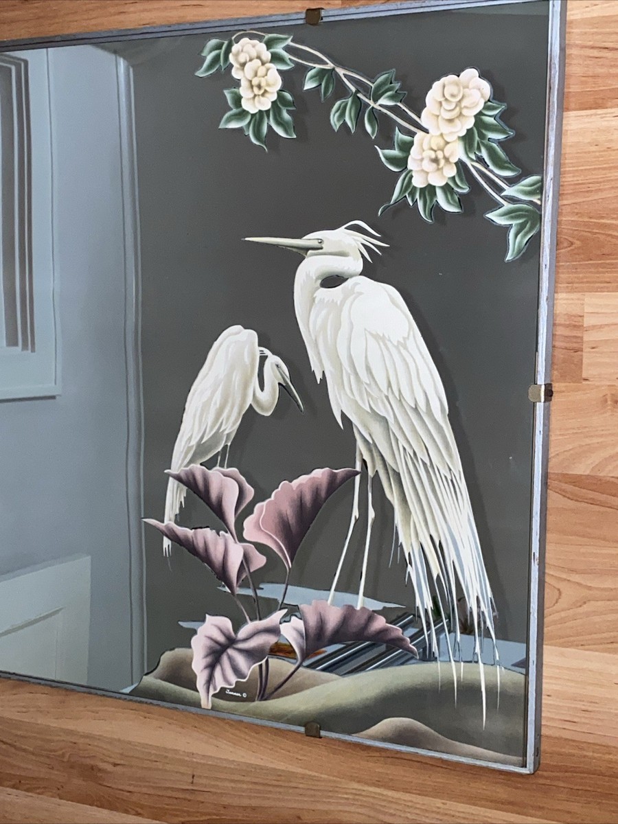 Vintage 1940's Egret Crane Tropical Bird Mirror Turner 34” x 22