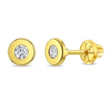 14k Gold Round Bezel Kids / Children's / Girls Earrings Safety Screw Back