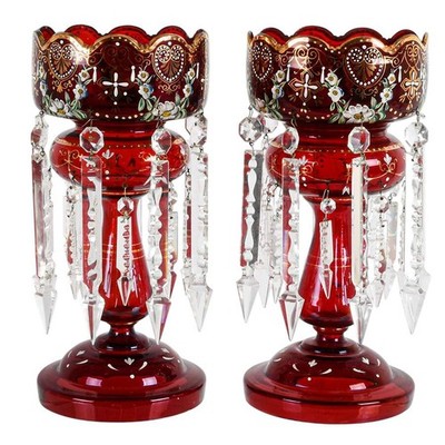 Victorian Pair of Ruby Bohemian and Hand-Painted Lusters | eBay