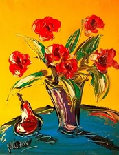 RED FLORAL PEAR  Abstract Modern Original Oil Painting  CANVAS BY KAZAV TH9