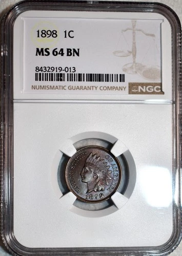 NGC MS-64 BN 1898 Indian Head Cent, Beautifully Toned, Frosty, PQ specimen!