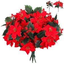 12 Pcs Artificial Poinsettia Bouquet 7 Heads Poinsettia Bush Christmas Flower...