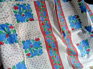 Vintage Feed Bag Material 36" X 44"white w/blueberries & red stripes & red dots!