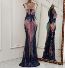 Elina couture deep V neck style mermaid evening navy blue pink dress s-M 4-6 New