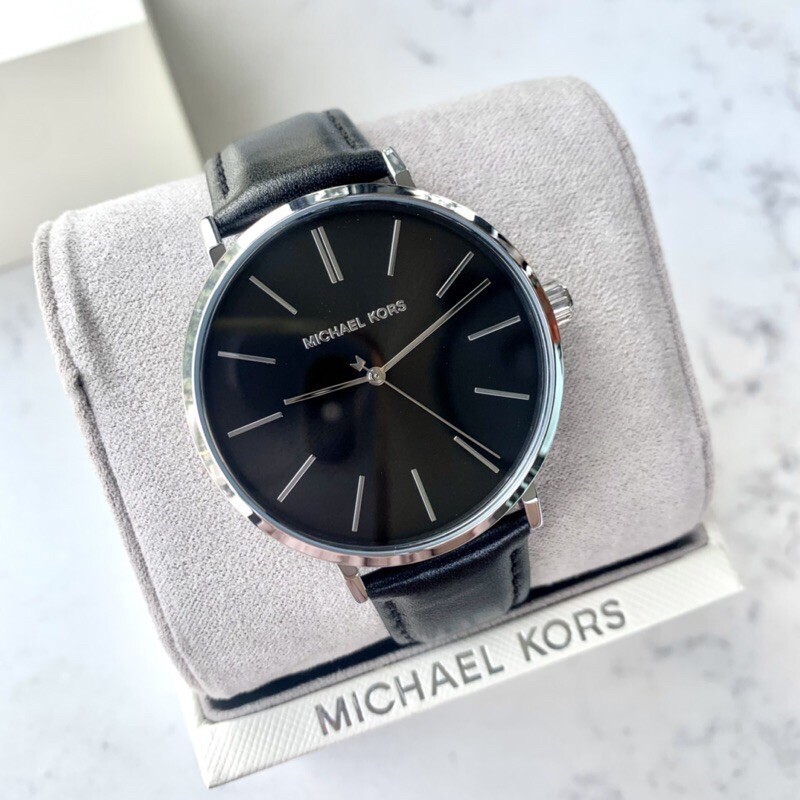 NEW AUTHENTIC MICHAEL KORS AUDEN SILVER BLACK LEATHER MEN'S MK7145