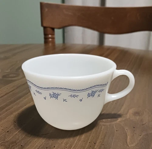 Vintage Pyrex White Morning Blue Flowers Coffee Tea Cup Mug