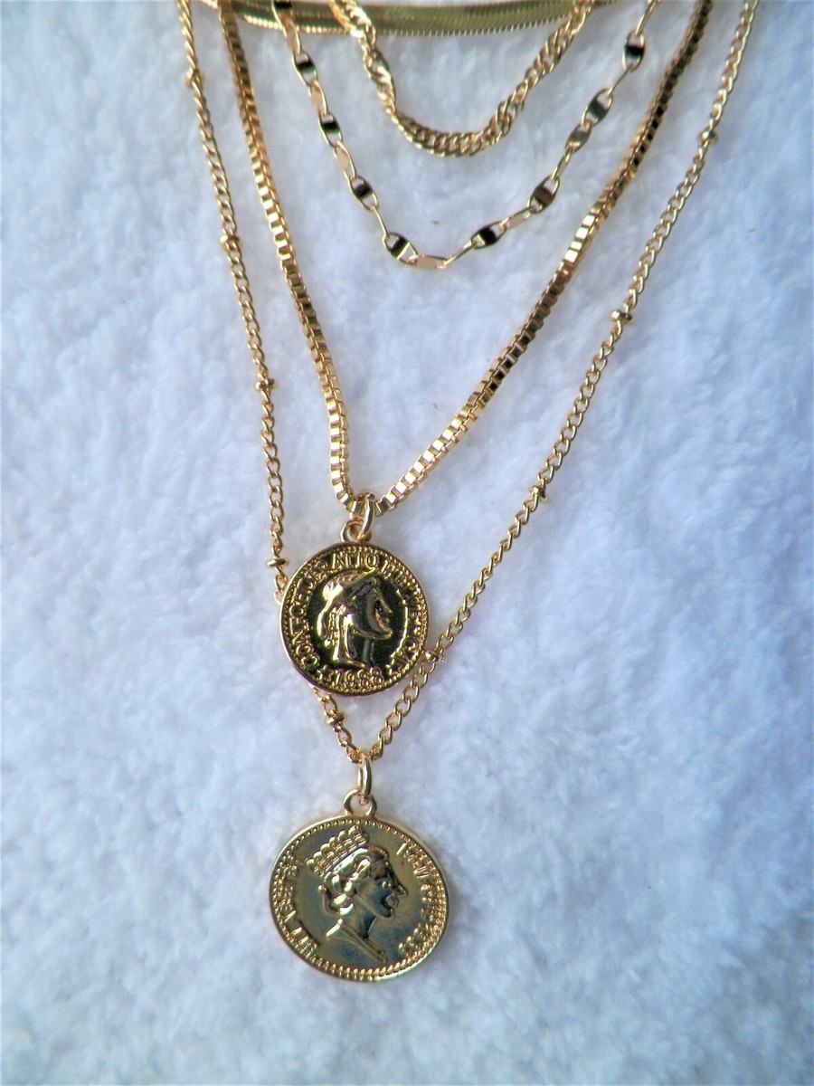 NWT Gold British UK Faux Coins Multilayer Chains Necklace Forever