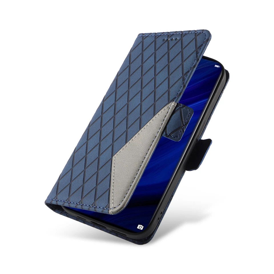 Funda tipo billetera de cuero con rejilla de empalme para teléfono Huawei P20 P30 P smart Z Nova 5T9 Foto 2 de 4