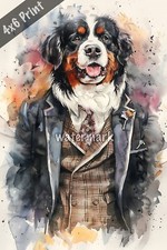 Dog Bernese Mountain Dog in vintage suit watercolor Art 4x6 Print
