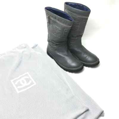 CHANEL COCO COCOON Nylon Leather Engineer Boots 35 Gray  Women