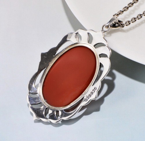D11 Rimorchio Romantico Ovale Agata Rosso e Marcasite 925 Argento Sterling - Foto 4 di 6