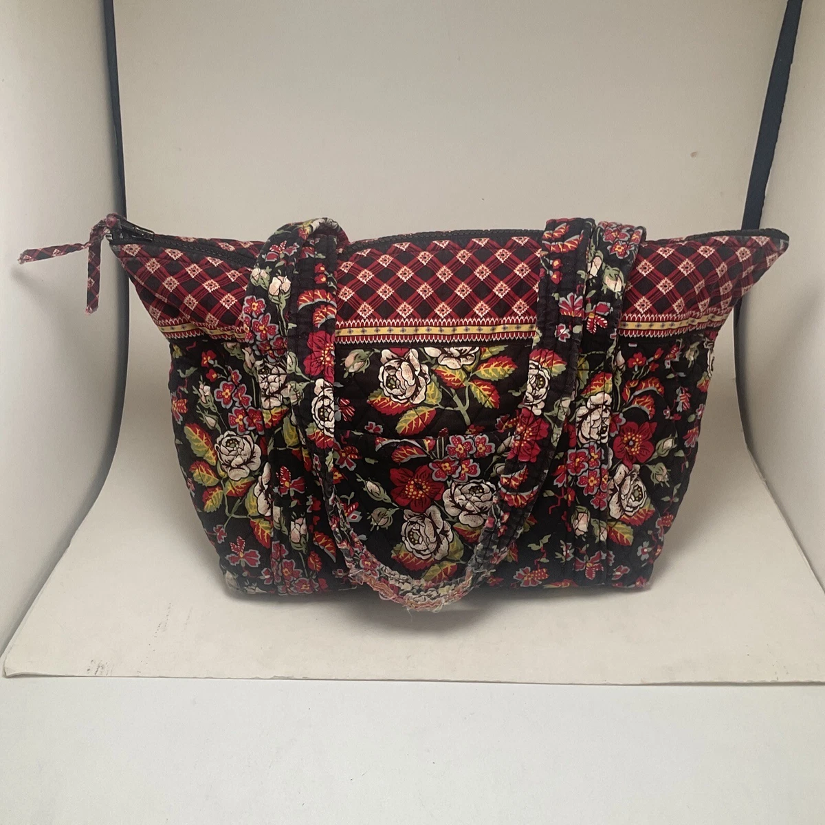 Vintage Vera Bradley Tote Bag Floral Fabric Black Zip Closure Pockets