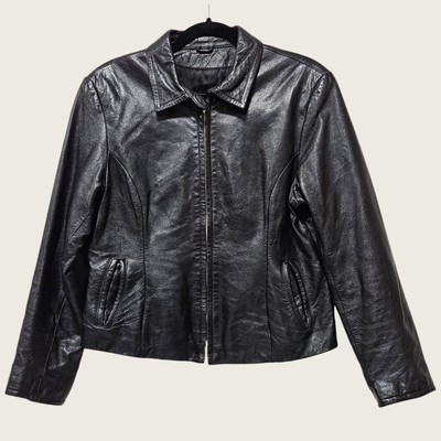 VTG Wilsons Womens M Black Biker Jacket 100% Real Leather Full Zip Lined Moto