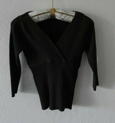 Vintage Vivienne Tam Womens Medium Ribbed Wrap Sweater Pullover 3/4 Sleeve Brown