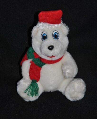 Plush doudou white bear KINDER FERRERO cap Christmas scarf 19 cm seated NEW - Picture 1 of 2