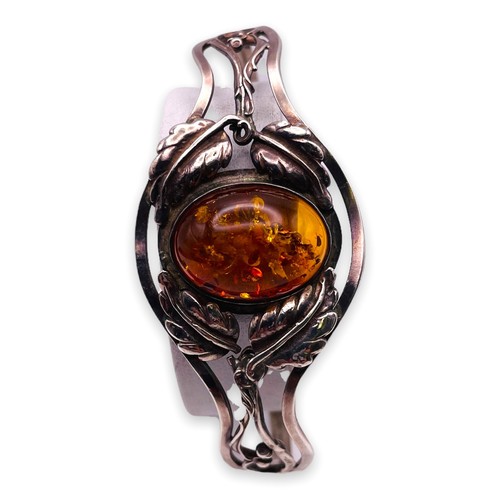 Natural Baltic Amber Leaf 925 Sterling Silver Cuff Woman Bangle Bracelet 6" - Picture 3 of 9