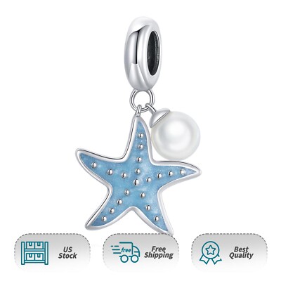 Blue Starfish and White Pearl Dangle 925 Sterling Silver Women Bracelet Charm