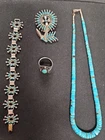 Vtg Native Sterling Silver Needlepoint Turquoise Bracelet Brooch Ring Necklace