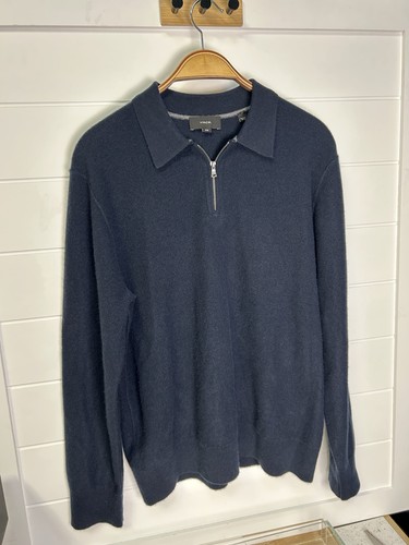 Vince Men's Medium Cashmere Quarter Zip Polo Sweater Navy Coastal Blue