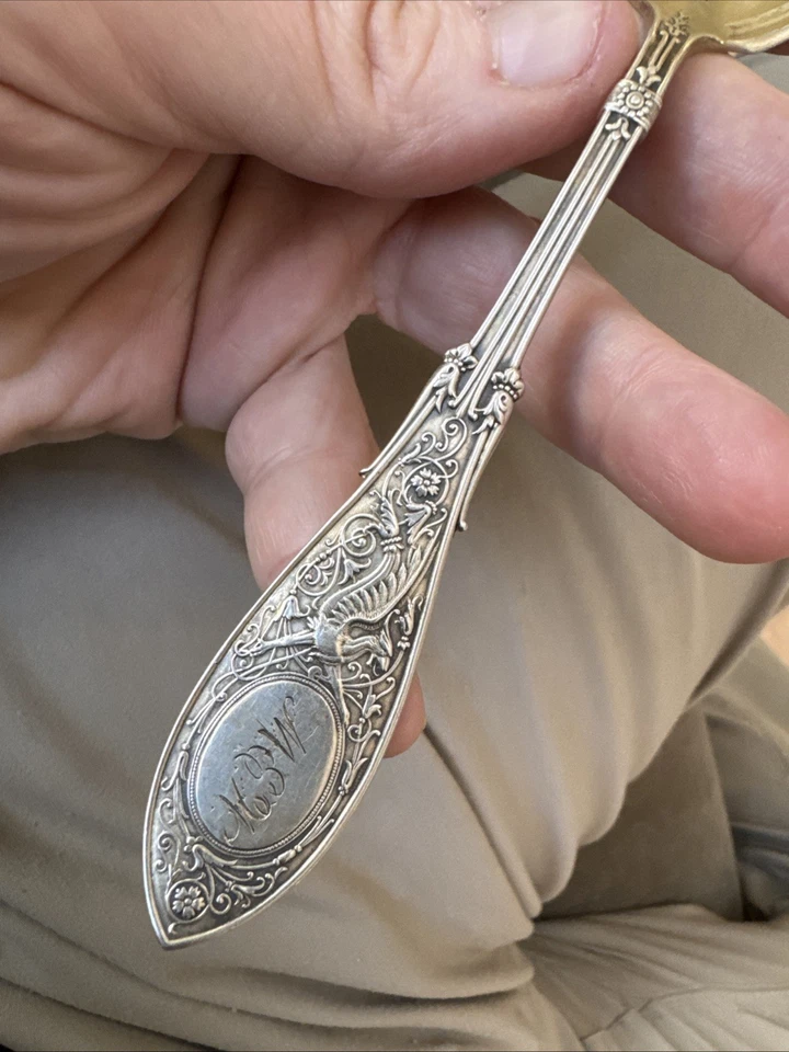 Antique Whiting Gilt Sterling Silver Arabesque Serving Spoon 1870’s 34 Gr 7.5” - Image 3 of 4