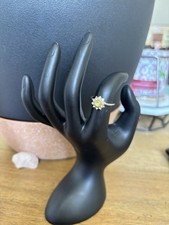 Silver Ring with Flower-Shaped Design, Round Yellow Stone, Floral Theme