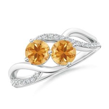 Two Stone 4MM Round Shape Citrine Side Accents Women Ring 925 Sterling Silver
