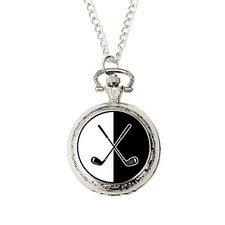 Golf Pocket Watch Gift for Golfers Golf Fans Crossed Clubs Silver Monochrome