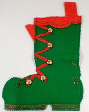 Vtg Handmade Green Felt Santa Boot Red Laces Christmas Stocking Embellished