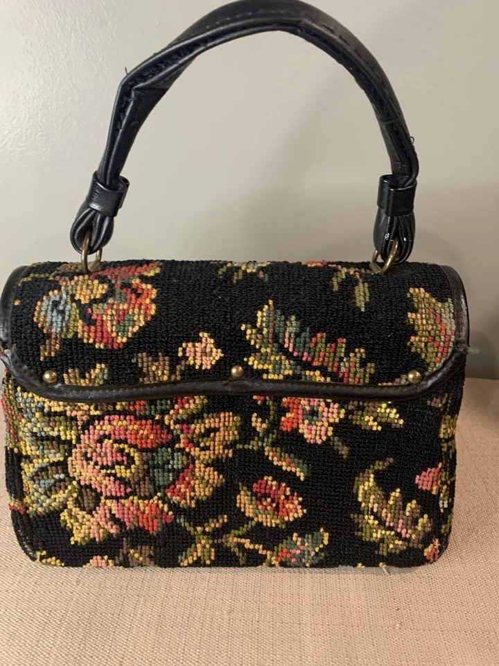 Vintage Olla Women’s Purse Carpet Bag Needlepoint Tapestry Floral Black - Image 3 of 4