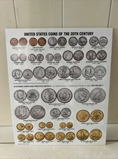 US COINS OF THE 20TH CENTURY COLOR DISPLAY SIGN POSTER  US GOLD SILVER DOLLARS +