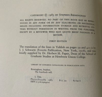 The Auerbach Will - Stephen Birmingham - Hard Cover Book - First