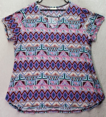 Bobbie Brooks Blouse Women's 3X Multicolor Aztec Short Sleeve Keyhole Round Neck