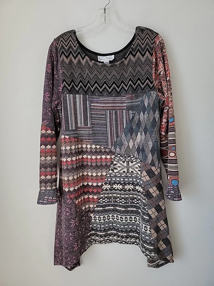 Vestido Suéter Sacred Threads XL Azteca Patchwork Dobladillo Mordedura de Tiburón Manga Larga Foto 2 de 4