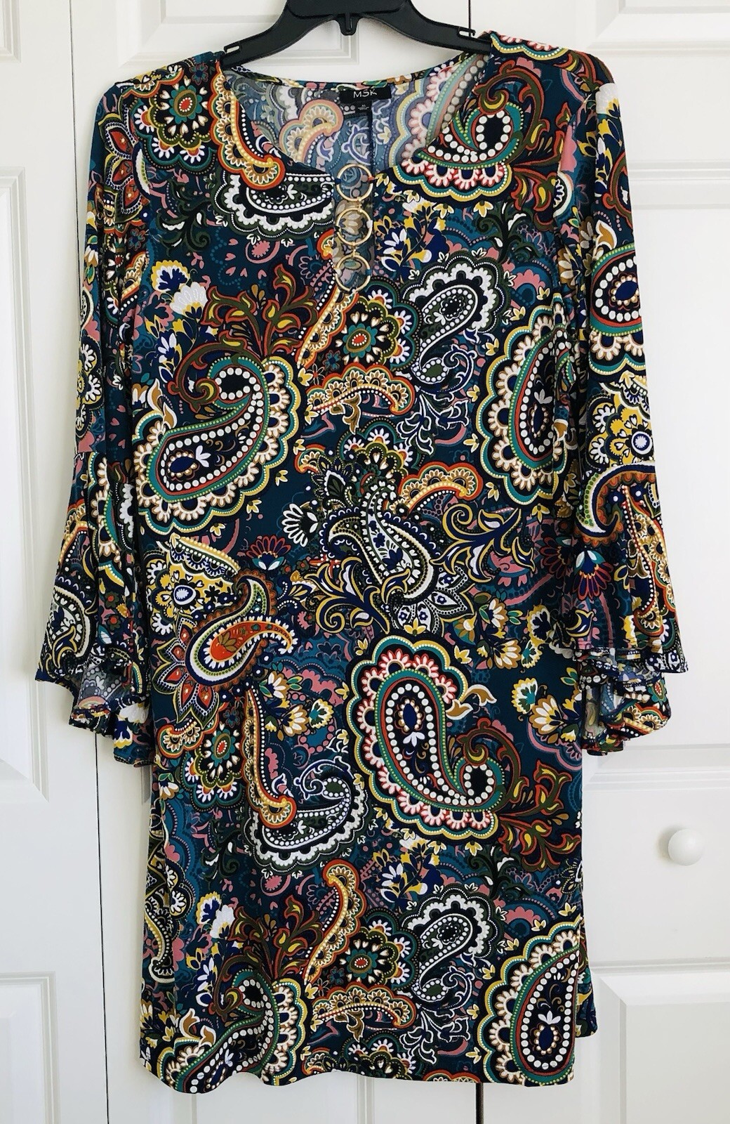 MSK Paisley Print Bell Sleeve Sheath Dress Size XL Boho Style Midi Multicolor